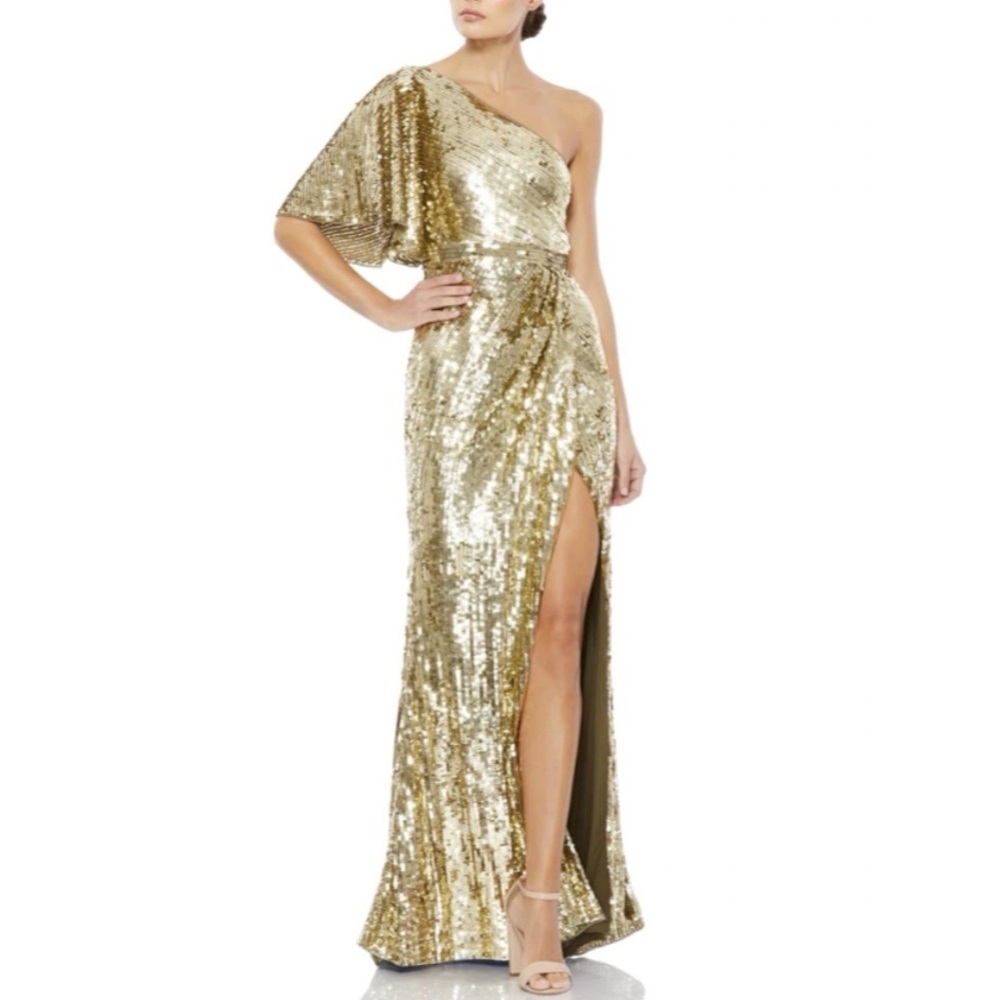 MAC DUGGAL GOLD ONE-SHOULDER SEQUIN GOWN SIZE 8 - WORN ONCE TO THE 2023 OSCARS!